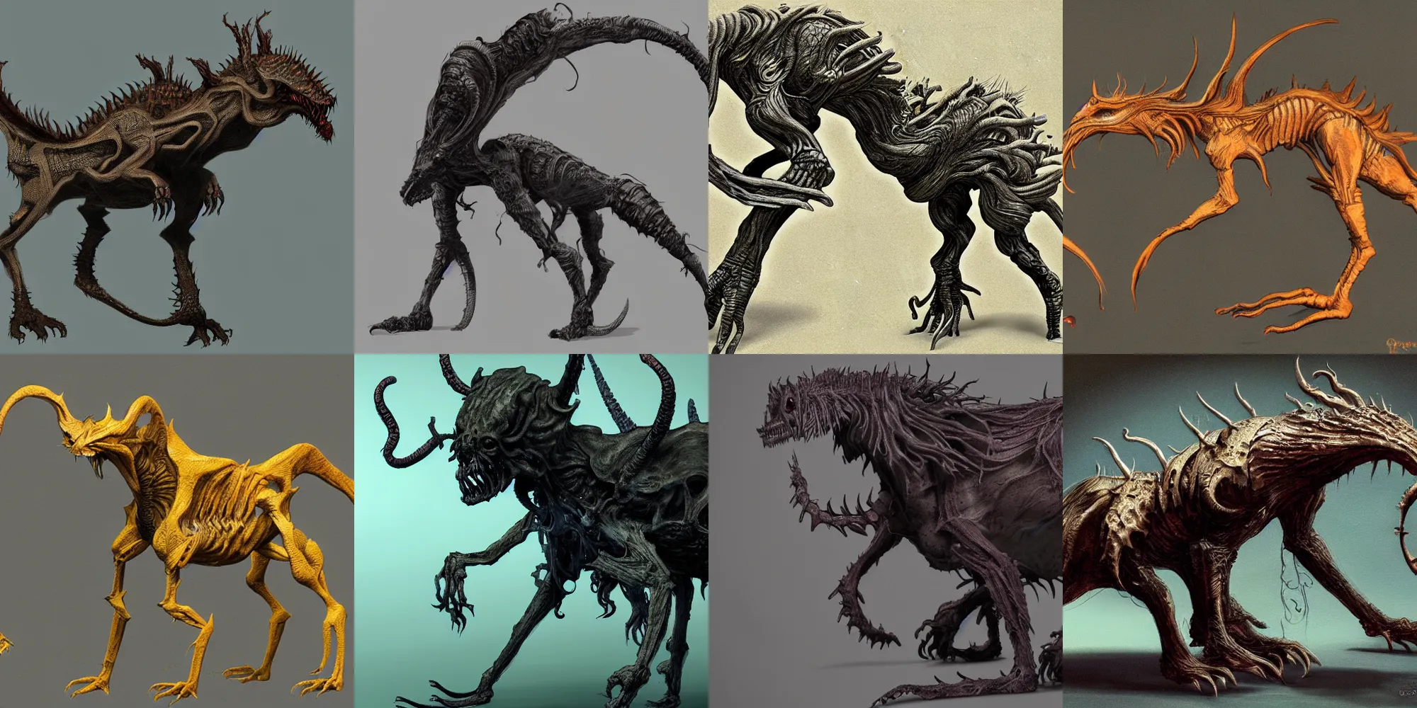 Prompt: concept art of organic quadruped creature highly detail, with no hair and scary look, lovecraft, horror movie,