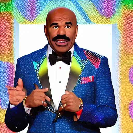 Prompt: Steve Harvey with a Rainbow Fish scale suit on