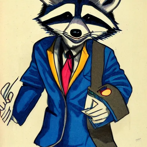 Image similar to anthropomorphic racoon, chibby, male, blue jacket