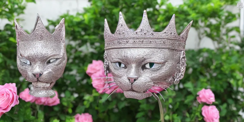 Image similar to made from steel crown is engraved with a single cat face, thin crown, pink color, luxury style, 4 k, realistic render, ultra - detailed, ultra detail