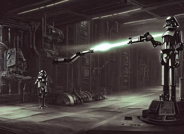 Prompt: film still from star wars, giant assassin droid working in a dimly lit industrial junk engine room. interior set design photograph by ralph mcquarrie, gilbert taylor