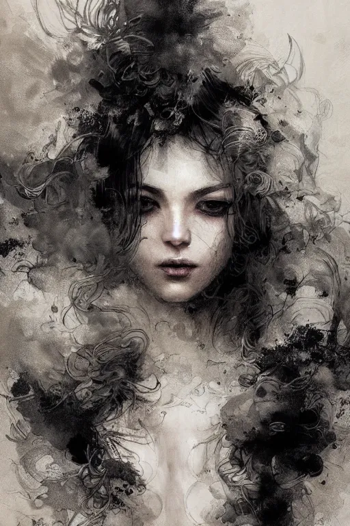 Image similar to portrait of a woman sensual surrounded by smoke fumes, pen and ink, intricate line drawings, by craig mullins, ruan jia, kentaro miura, greg rutkowski