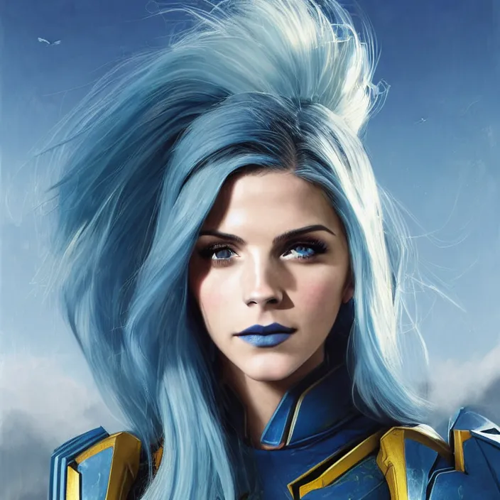 Image similar to portrait of a combination of Ashley Greene, Katheryn Winnick, Victoria Justice, Adriana Dxim, Grace Kelly and Emma Watson with blue hair wearing Interceptor's armor from Anthem, countryside, calm, fantasy character portrait, dynamic pose, above view, sunny day, thunder clouds in the sky, artwork by Jeremy Lipkin and Giuseppe Dangelico Pino and Michael Garmash and Rob Rey and Greg Manchess and Huang Guangjian, very coherent asymmetrical artwork, sharp edges, perfect face, simple form, 100mm