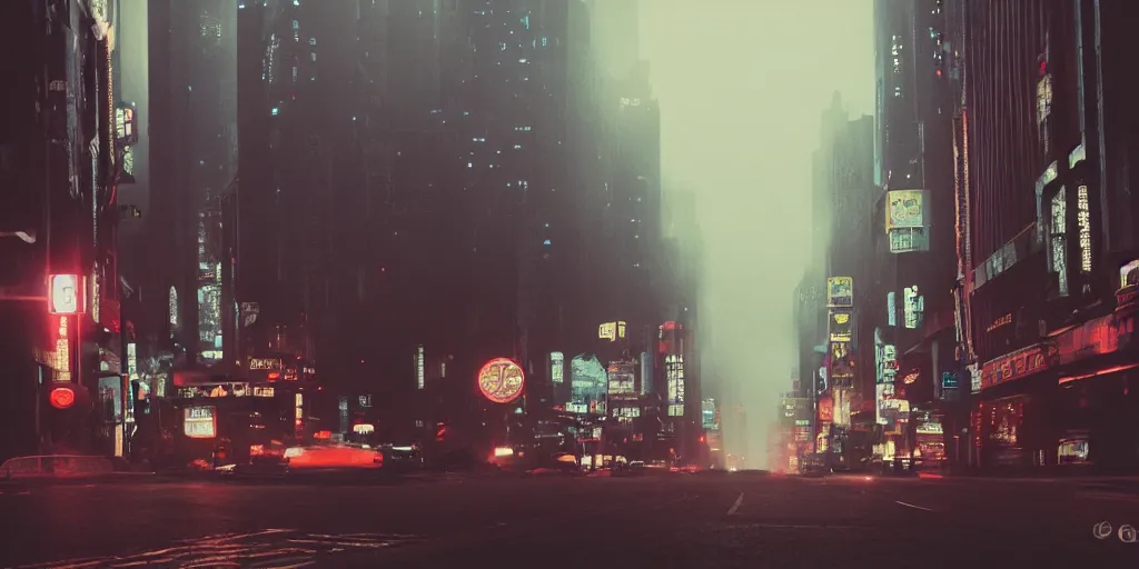 Image similar to city street, neo noir, blade runner, sci fi, retro futuristic, cinematic, atmospheric, hazy, 135mm lens, 3D
