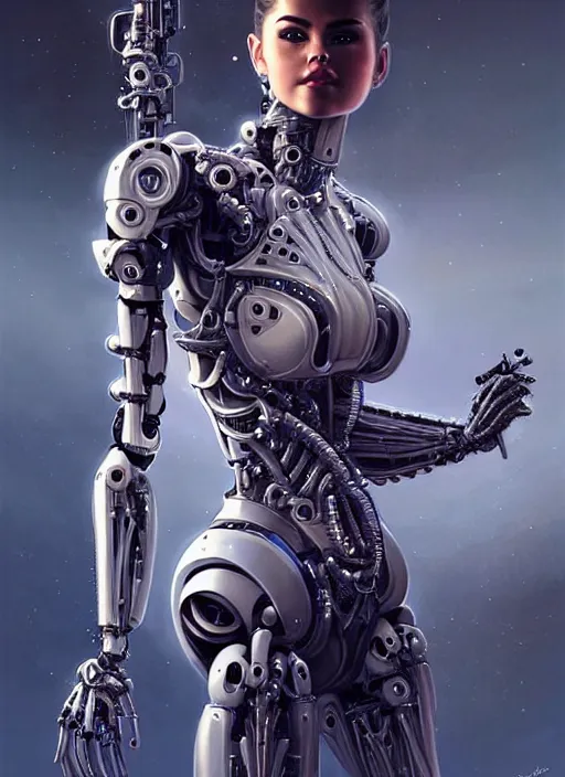 Image similar to portrait of a beautiful female robot from the future wearing biomechanical armor, selena gomez, carrying a rifle, intricate, elegant, glowing lights in armor, highly detailed, digital painting, artstation, glamor pose, concept art, smooth, sharp focus, illustration, epic angle, art by artgerm and greg rutkowski, artey freytag, alvin schwartz