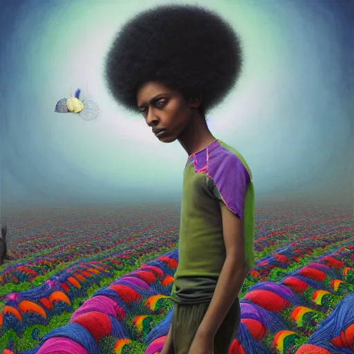 Image similar to a black boy dressed like an explorer in a field of candy, by Adi granov and afarin sajedi and amanda sage and evgeni gordiets and Agostino Arrivabene and adonna khare in a psychedelic portrait style, ultrarealistic matte painting, volumetric lighting, fractal, extremely symmetrical, highly detailed face, orisha, 8k, hd