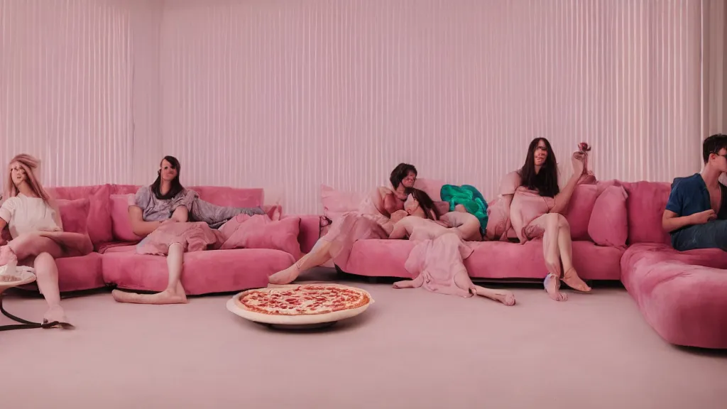 Image similar to pizza party on vintage pink velour sofa, group of friends, pizza slizes, medium shot, white walls, daytime, soft light through blinds, particles, unreal 5, detailed, volumetric lighting, michelangelo, cinematic, 3 5 mm lens, f 2. 8, 4 k