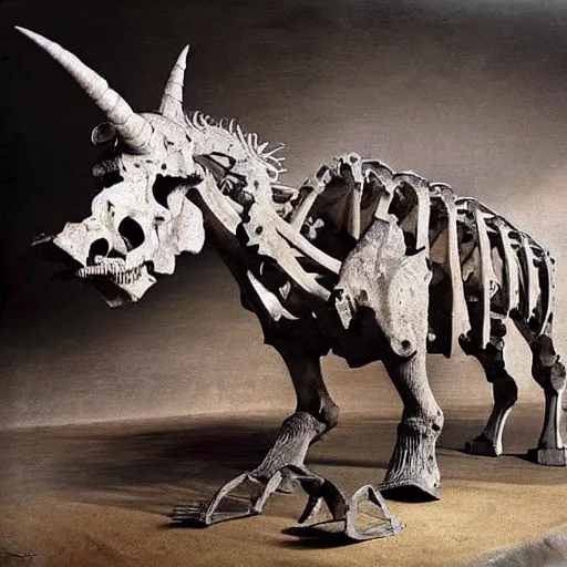 Prompt: in 1 6 6 3, the partial fossilised skeleton of a woolly rhinoceros was discovered in germany. this is the magdeburg unicorn, one of the worst fossil reconstructions in human history.