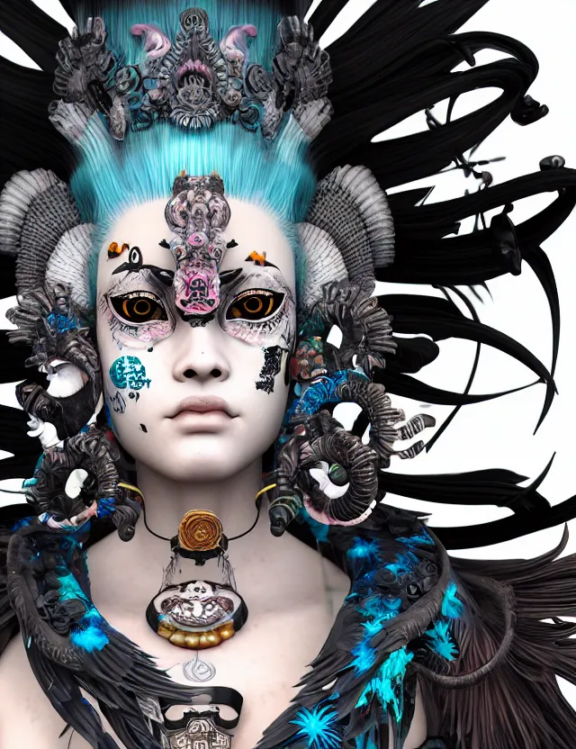 Image similar to 3 d photo realistic goddess close - up profile portrait punk with mohawk with ram skull. beautiful intricately detailed japanese crow kitsune mask and clasical japanese kimono. betta fish, jellyfish phoenix, bio luminescent, plasma, ice, water, wind, creature, artwork by tooth wu and wlop and beeple and greg rutkowski