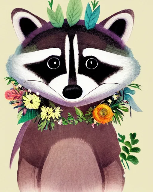 Image similar to a watecolor painting of a smiling happy cute raccoon wearing a flower crown, by antoine de saint - exupery and annabel kidston and naomi okubo and jean - baptiste monge. a child storybook illustration, muted colors, soft colors, low saturation, fine lines, white paper