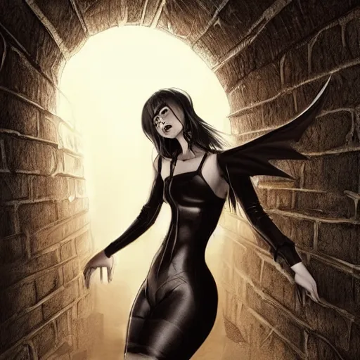 Image similar to a schoolboy and a succubus in a leather suit leaning on a cracked brick wall, devil wings, long hallway, seductive, light at the end of the tunnel, volumetric lighting, concept art, detailed, dramatic lighting, by artgerm