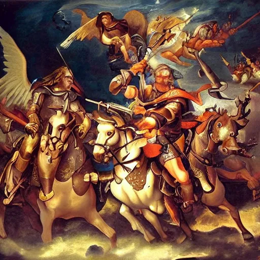 Prompt: paladins in plate armor riding into hell, fighting demons, with an angel with a sword flying over them, renaissance painting