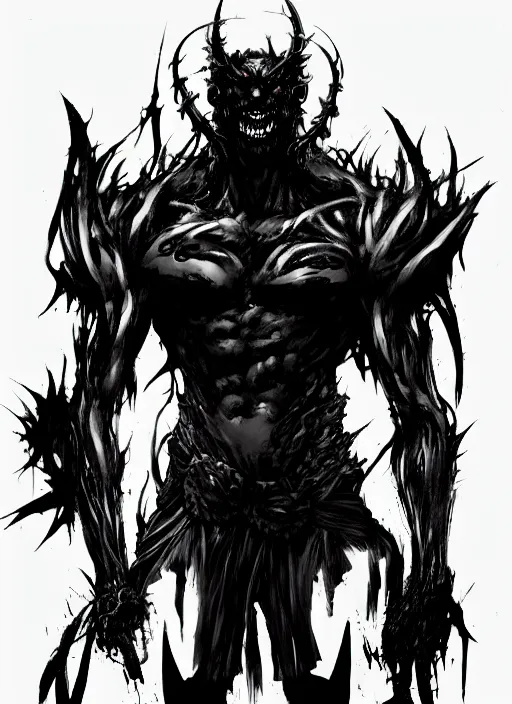 Image similar to A full body portrait of a scary demon with thousand eyes all over the body. In style of Yoji Shinkawa and Hyung-tae Kim, trending on ArtStation, dark fantasy, great composition, concept art, highly detailed.