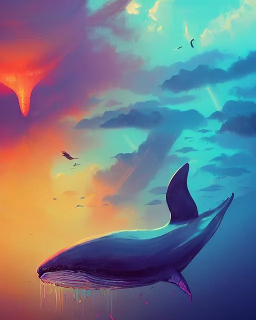Prompt: flying whale, colorful mold, fantasy landscape, foggy, concept art, vibrant, waterfall, cinematic lighting, high quality, art by alena aenami and thomas cole