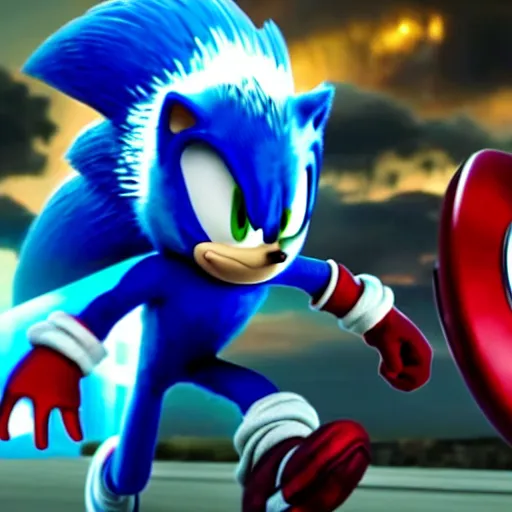 Prompt: The famous scene in the Avengers when Sonic the Hedgehog finally arrived to the fight and beat Thanos, movie sonic, extremely detailed with lots of background explosions and effects, grinning, wearing red gloves, 4k, 8k, HDR