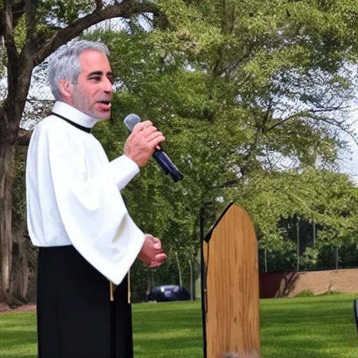 Image similar to jeffery epstein, dressed up as catholic priest, speaking to a congregation, 8 k, realistic.