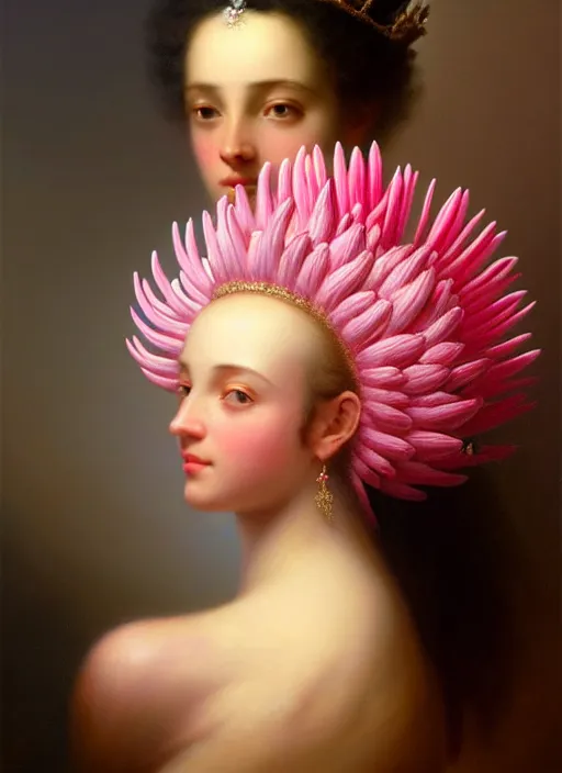 Image similar to stunning colombian godess princess, detailed pink and white protea head peace against a black backdrop by ivan aivazovsky, wlop, super sharp details, photorealism, 5 0 mm lens, oil painting, beautiful soft lighting, muted colours, artstation