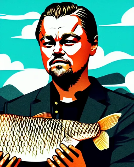 Image similar to photograph of leonardo dicaprio holding a carp in his both hands. movie poster, illustration by bartek fedyczak, erak note, tooth wu, neil richards, kan liu, siwoo kim, jisu choe, trending on art station