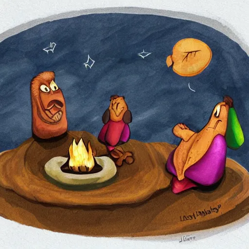 Prompt: anthropomorphic prunes sit around a campfire having a discussion on the taste of pineapples, digital art