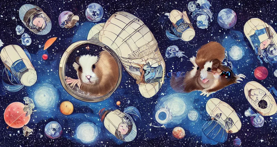 Image similar to guineapigs's portrait on the cover of vogue magazine flying in space suits, deep dark universe, twinkling and spiral nubela, warmhole, beautiful stars, 4 k, 8 k, by hokusai, samurai man vagabond, detailed, editorial illustration, matte print, concept art, ink style, sketch, digital 2 d