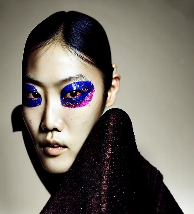 Image similar to photography facial portrait of liu wen, natural background, natural pose, wearing stunning cape by iris van herpen, with a colorfull makeup. highly detailed, skin grain detail, photography by paolo roversi, nick knight, helmut newton, avedon, araki