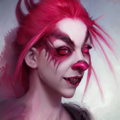 Prompt: a portrait of a pink haired rouge demoness peering into the camera showing fangs by Astri Lohne and Christophe Young, Trending on Artstation, ultra realistic digital art