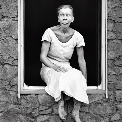 Prompt: A beautiful body art of of a woman with long curly hair, wearing a white dress and sitting in a chair in front of a window with a view of a mountainside. Tove Jansson by William Wegman harrowing