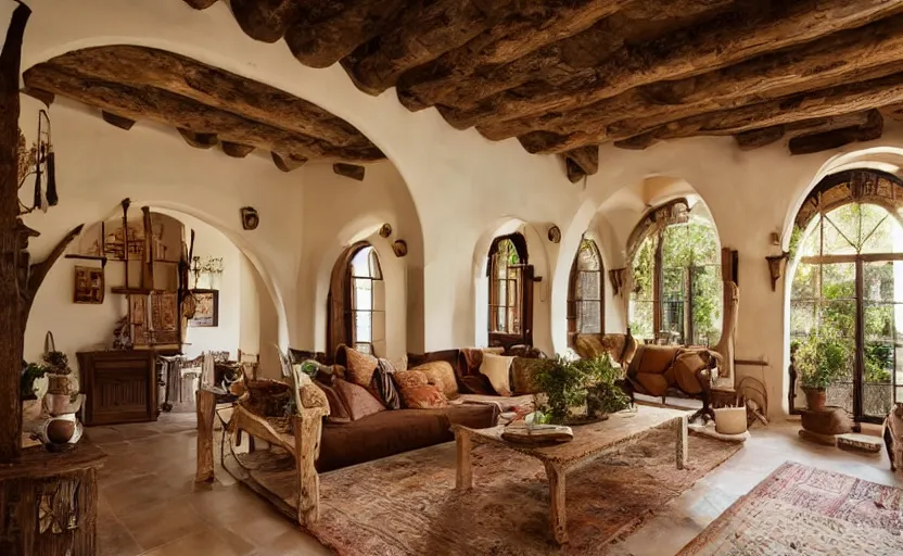 Image similar to interior of a living room, spanish colonial mansion style, arches, pillars, rustic wood, natural materials, bohemian style, swedish design, ocher, beige, dark brown, windows with view of hills