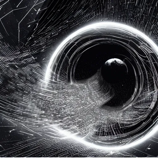 Prompt: logo black hole with accretion disk rises above the city destroying it with a shockwave, digital art, black and white, vector sticker, art by greg rutkowski, gonzalo fuenmayor, asher brown durand