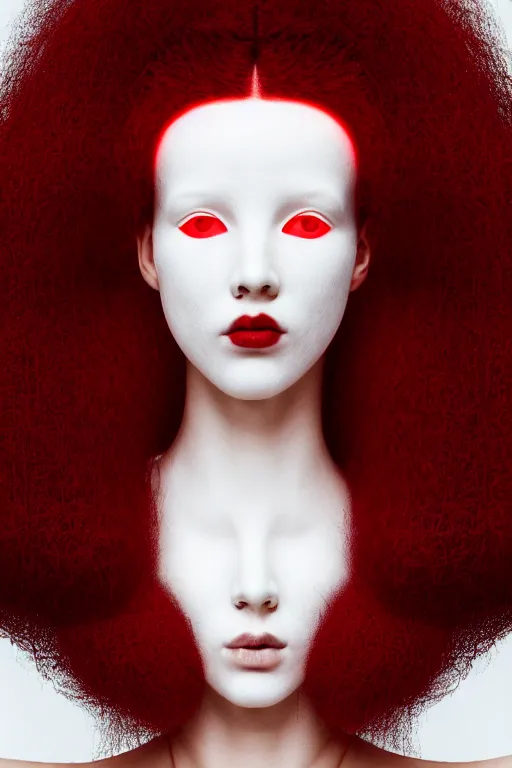 Prompt: symmetrical portrait of a woman wearing a red embroidered translucent silicone mask and black frizzy hair buns, wearing a white bodysuit by alexander mcqueen, white background, soft diffused light, biotechnology, futuristic aesthetic, translucent, ethereal, intricate details, highly detailed, masterpiece,