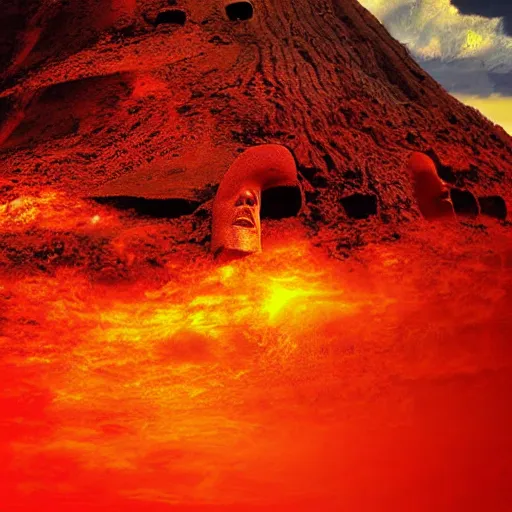 Image similar to a red sky and molten ground landscape, easter island heads are sinking in to the ground crumbling and seems to be fighting a storm or volcano, digital art