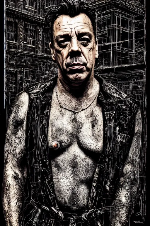 Image similar to till lindemann, detailed acrylic, grunge, intricate complexity, by dan mumford and by alberto giacometti, peter lindbergh