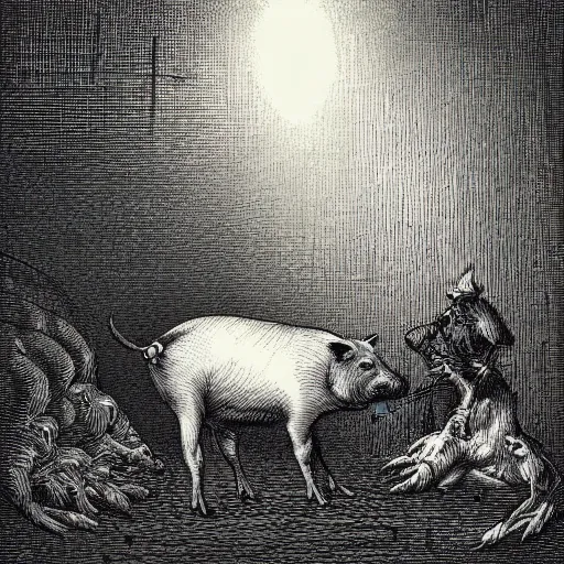 Prompt: a pig in a tuxedo, dark, creepy, eerie, petriying, frightening, spine-chilling, horrifying, scaring, harrowing, illustration by Gustave Doré