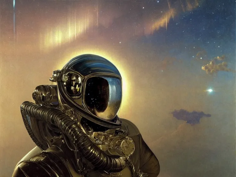 Image similar to a detailed profile oil painting of an explorer in a spacesuit with reflective helmet, flight suit, portrait symmetrical and science fiction theme with aurora lighting clouds and stars by beksinski carl spitzweg and tuomas korpi. baroque elements, full-length view. baroque element. intricate artwork by caravaggio. Trending on artstation. 8k