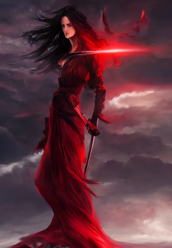 Prompt: a beautiful fierce long black haired woman wearing red dress wielding black sword posing gracefully heroically, heavenly moonlit clouds background, close up shot, artstation, extremely detailed woman, stunning volumetric lighting, hyper realism, fantasy 4k