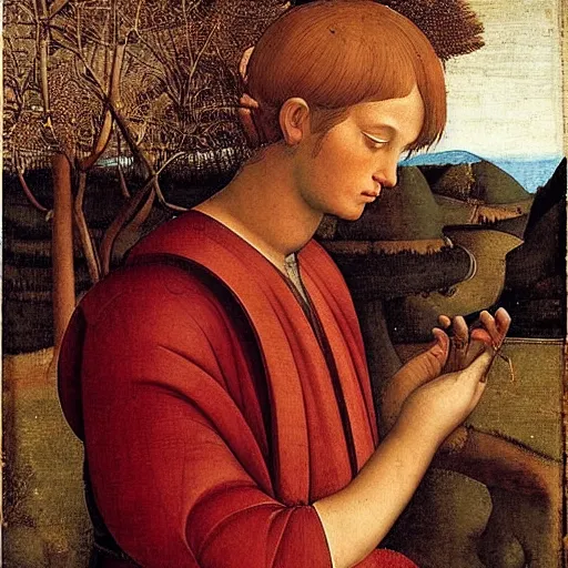 Image similar to A land art. A rip in spacetime. Did this device in his hand open a portal to another dimension or reality?! maroon by Filippino Lippi expressive