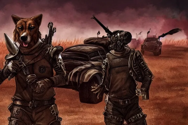 Image similar to a good ol'hound dog fursona ( from the furry fandom ), heavily armed and armored facing down armageddon in a dark and gritty version from the makers of mad max : fury road. witness me.