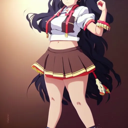 Image similar to a beautiful! plus sized instagram model, brown skin, wearing catholic school girl outfit with mayan pattern and native style, jrpg aztec street fashion, gapmoe yandere grimdark, trending on pixiv fanbox, painted by greg rutkowski makoto shinkai takashi takeuchi studio ghibli, akihiko yoshida