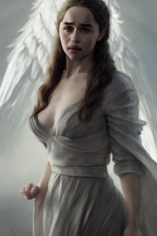 Prompt: Emilia Clarke as an Angel, anatomy, only two hands, highly detailed, digital painting, artstation, concept art, smooth, sharp focus, illustration, Unreal Engine 5, 8K, art by art by artgerm and greg rutkowski and edgar maxence