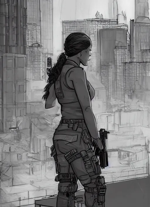 Image similar to Dinah. USN special forces operator looking at city skyline. mgs and rb6s Concept art by Matt Rhodes.