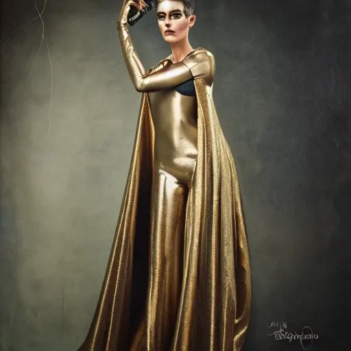 Prompt: tom bagshaw sacha goldberger, curiosities carnival studio shot, soft paint of a single beautiful female full very tight long metallic suit ornate, accurate features, focus, very intricate ultrafine details, award winning masterpiece