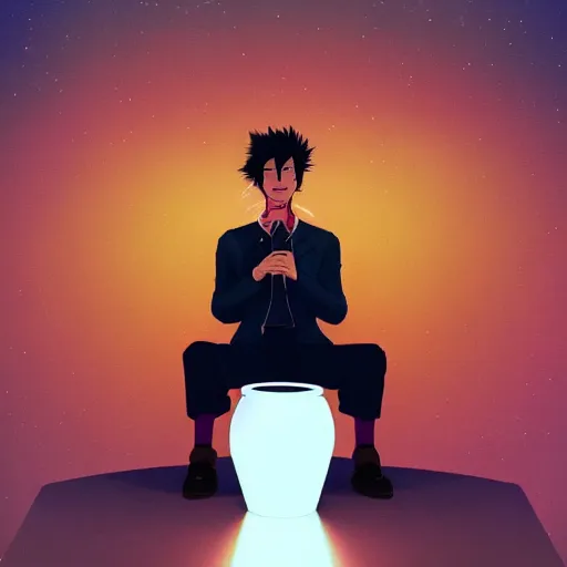 Image similar to A man drinking a cup of cosmic energy bright light by Masafumi Harada, 4k, digital art, surreal, anime style, space dandy style, highly detailed, godsend, artstation