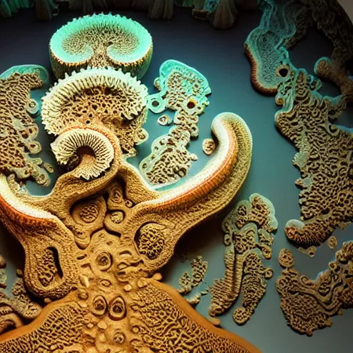 Image similar to a surgical ammonite fossil made of intricately detailed hand carved 3 d mandelbulb cybernetic motherboard made of brilliantly colored gradient volumetric smoke and fiber optic wire and pulse coral making a room, wide angle, good focus, by zdzisław beksinski, trending on artstation, artstation, pinterest, wallpaper 4 k, f 2 4