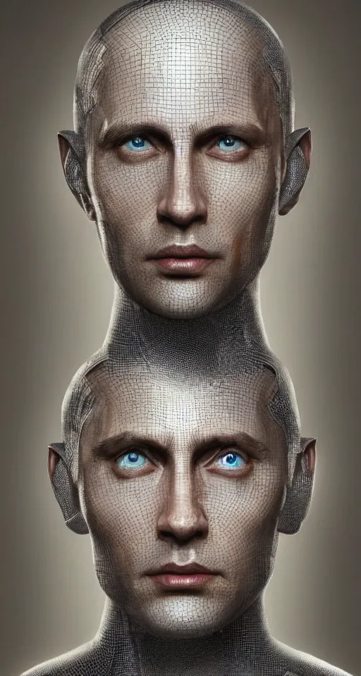 Image similar to hyperrealistic mixed media portrait of a Robot of Vladimir Putin forward angle, stunning 3d render inspired art by P. Craig Russell and Barry Windsor-Smith + perfect facial symmetry + dim volumetric lighting, 8k octane beautifully detailed render, post-processing, extremely hyperdetailed, intricate futuristic mechanic parts, epic composition, grim yet sparkling atmosphere, cinematic lighting + masterpiece, trending on artstation