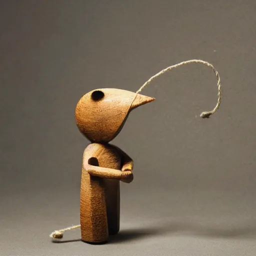 Image similar to medium - shot of a wooden handmade simple string puppet, highly detailed, sharp focus, promo photo, by shaun tan,