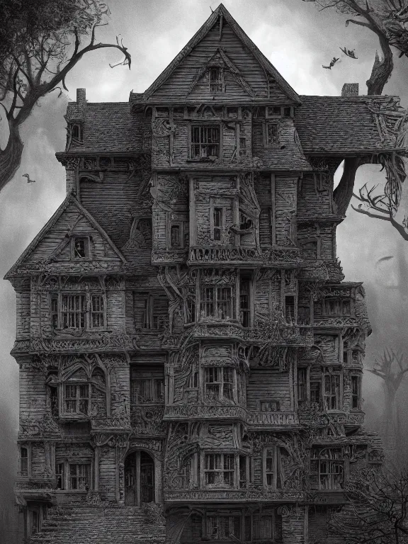 Prompt: a beautiful hyper realistic detailed matte painting of the old owl, a strange being haunting this house from a forgotten time, dramatic lighting, dynamic lighting, cinematic lighting, by maurits cornelis escher, black and white, featured on artstation