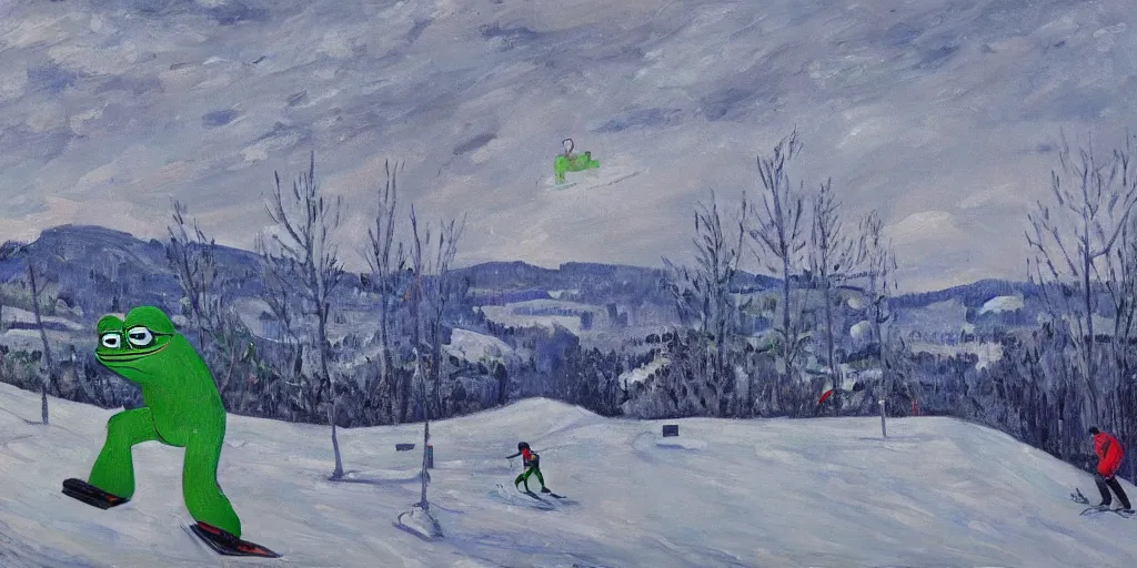Image similar to pepe the frog snowboarding in terrain park, gloomy landscape, expressive oil painting by christopher radlund and camille pissaro