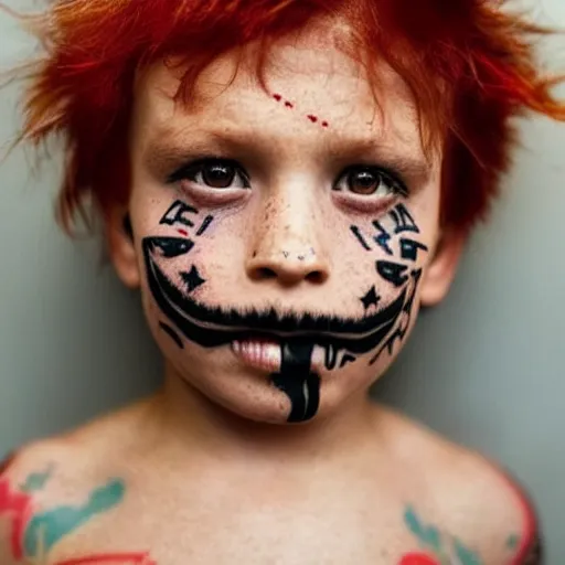 Prompt: mugshot photograph of a five year old boy with gang tattoos, facial tattoo, beard by annie leibovitz, red hair, freckles