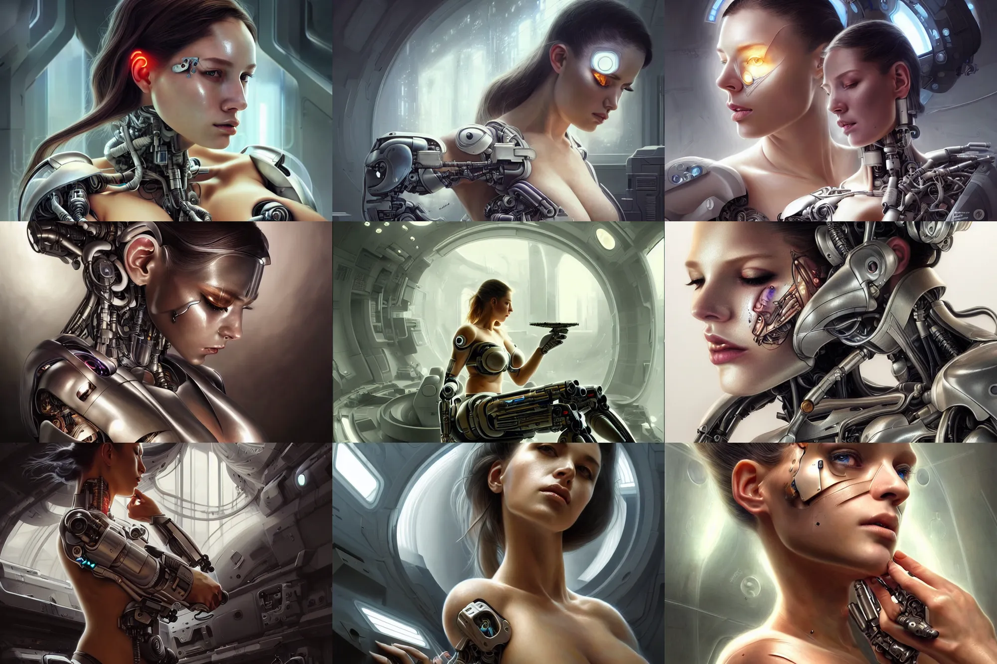 Prompt: Ultra realistic illustration, incredibly beautiful damaged female cyborg being repaired in a futuristic super advanced military medical bay, beautiful face, voluptuous body, cyberpunk, sci-fi, fantasy, intricate, elegant, highly detailed, digital painting, artstation, concept art, smooth, sharp focus, illustration, dramatic lighting, art by artgerm and greg rutkowski and alphonse mucha