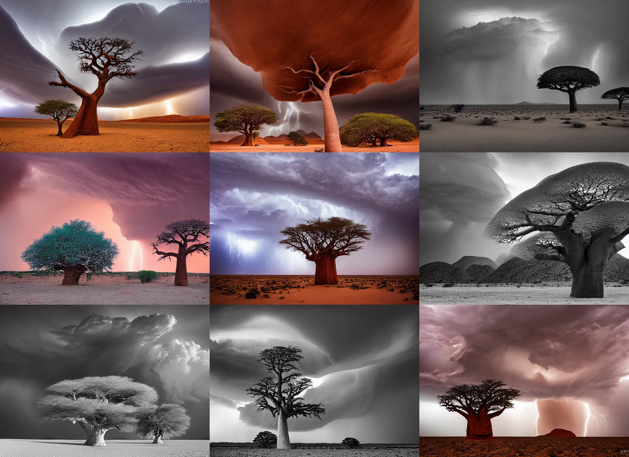 Prompt: a dramatic landscape photo by ryan dyar of a thunderstorm over a lonely baobab tree in the namib desert, highly detailed, 1 4 mm f 1. 4 lens, nikkor, canon